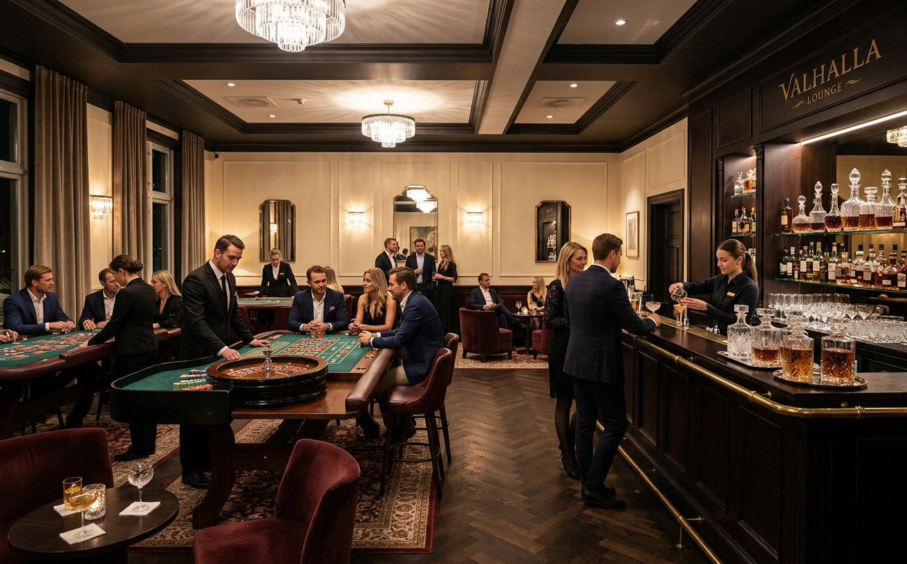 Polert kasino-lounge med bordspill og bar