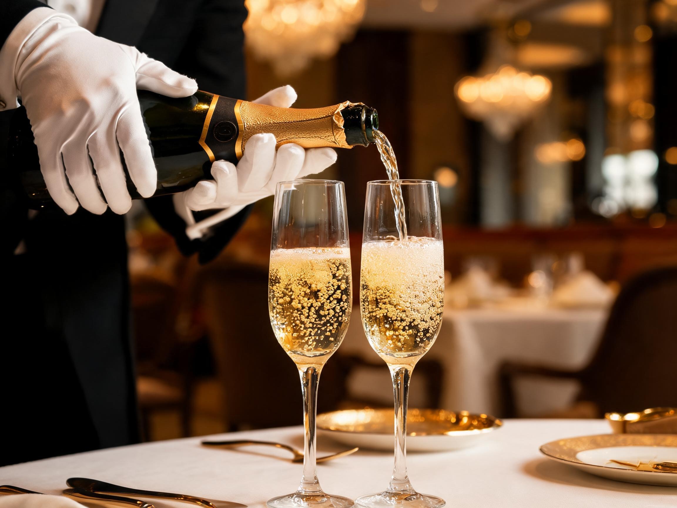 Champagne skjenkes i krystallglass ved bordet